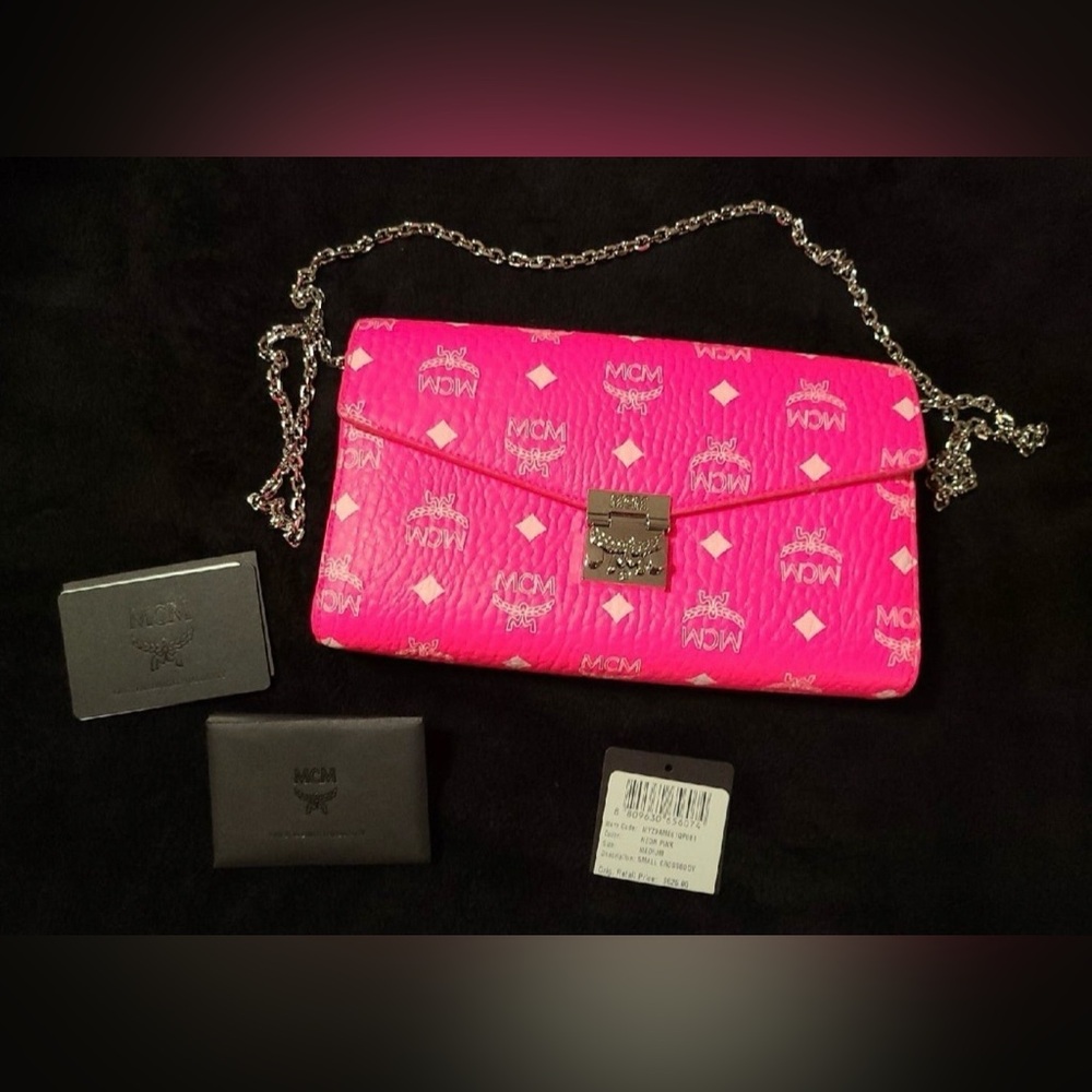 MCM Millie Neon Pink and White Monogram Crossbody Chain Designer Bag Purse